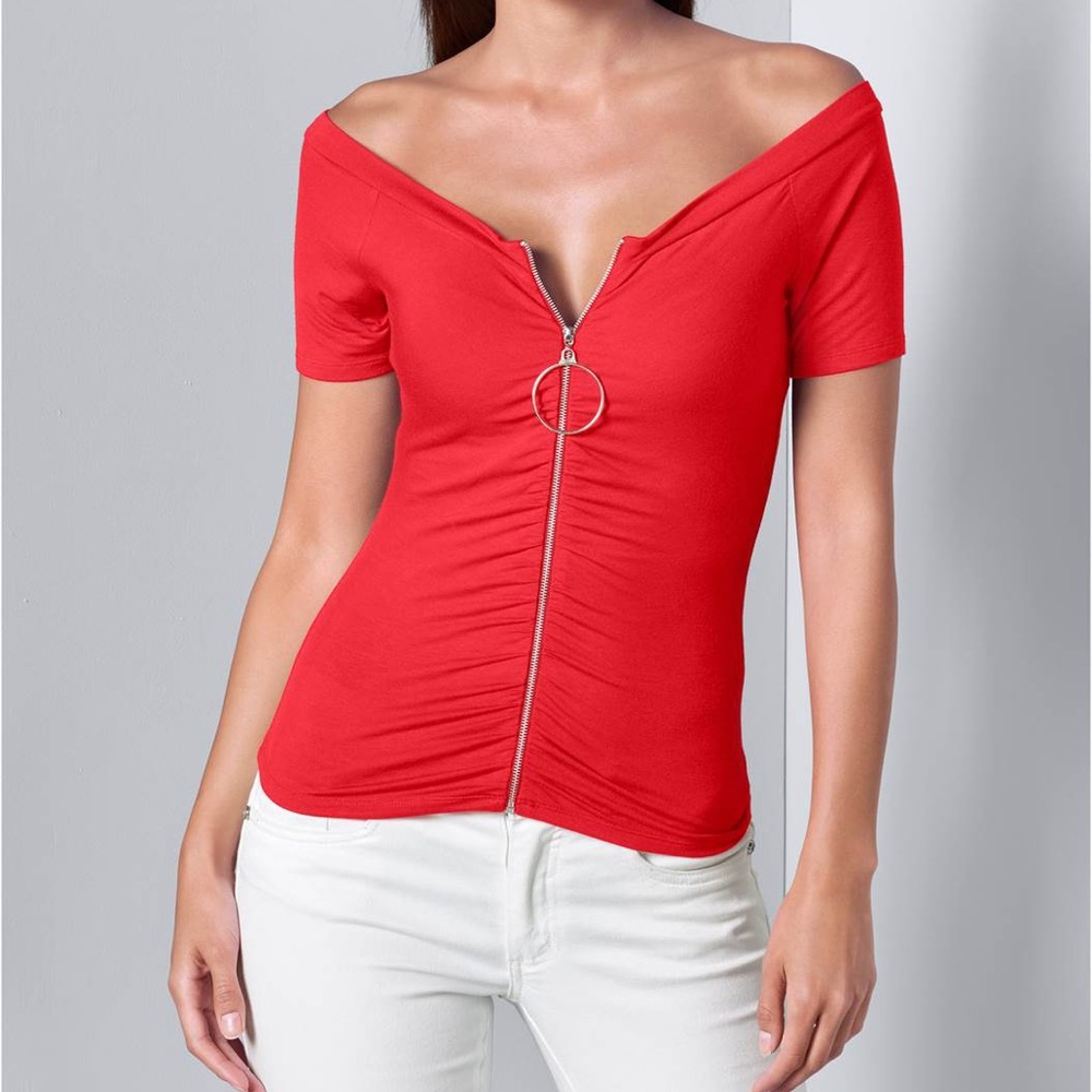 Ring Blouse Top Tshirt Detail Zip Top Red Short Sleeve